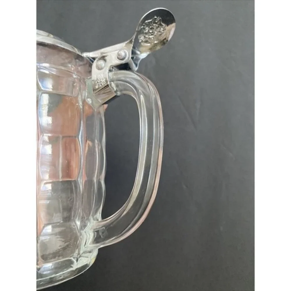 Vintage Crystal Block Cut Glass Beer Stein w/Pewter Lid and Notched Handle 10.oz